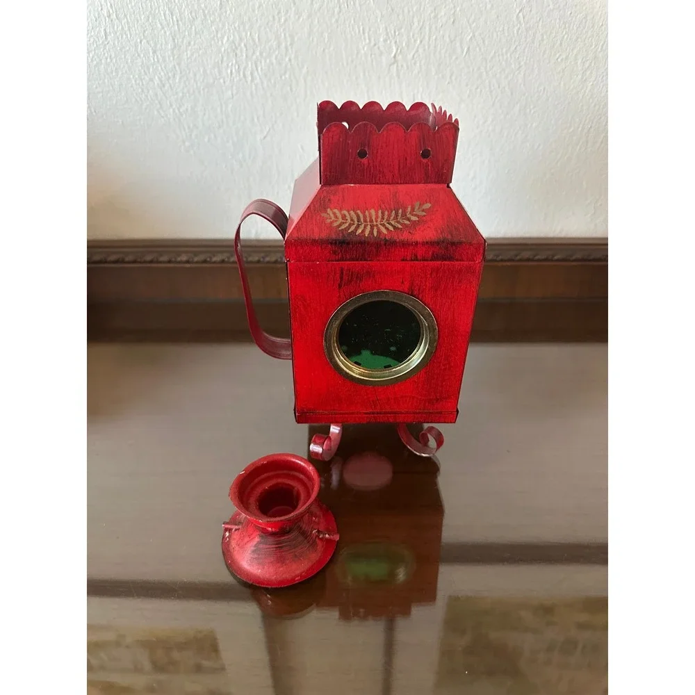 Vtg 9'' Red Metal Signal Lantern Candle Holder Distressed Gold Leaf Hong Kong